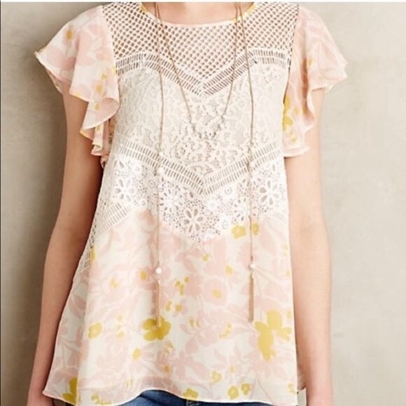 Anthropologie HD In Paris Floras Flutter Short Sleeve Top Floral Lace Key Hole - Picture 14 of 14
